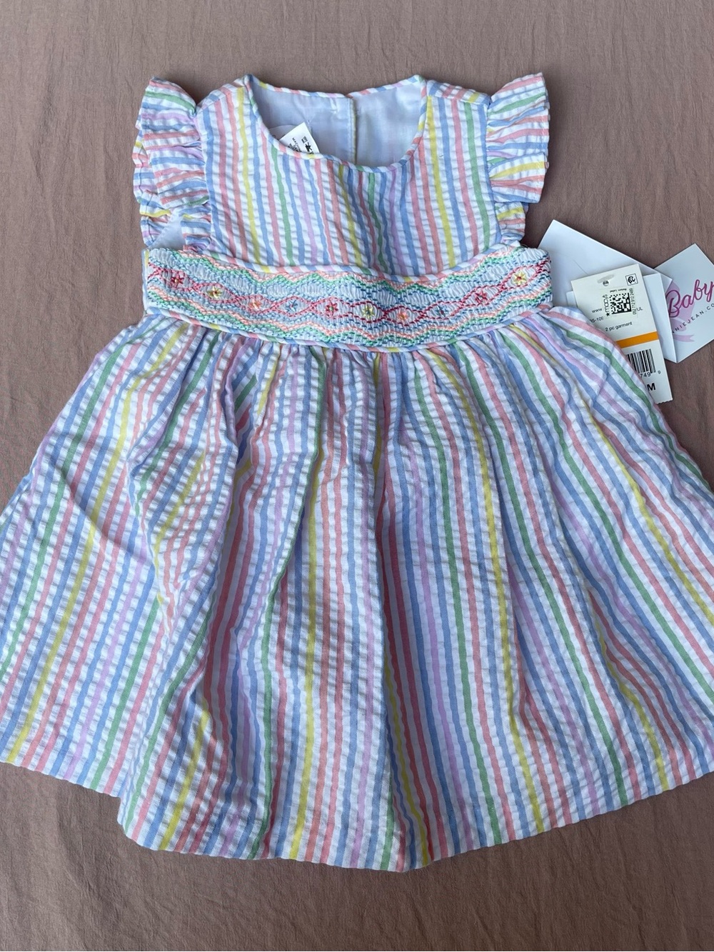 Girls' Mixed-Print Summer Dress (Blue Red Floral Stripe Cream) 12M - Picture 9 of 14